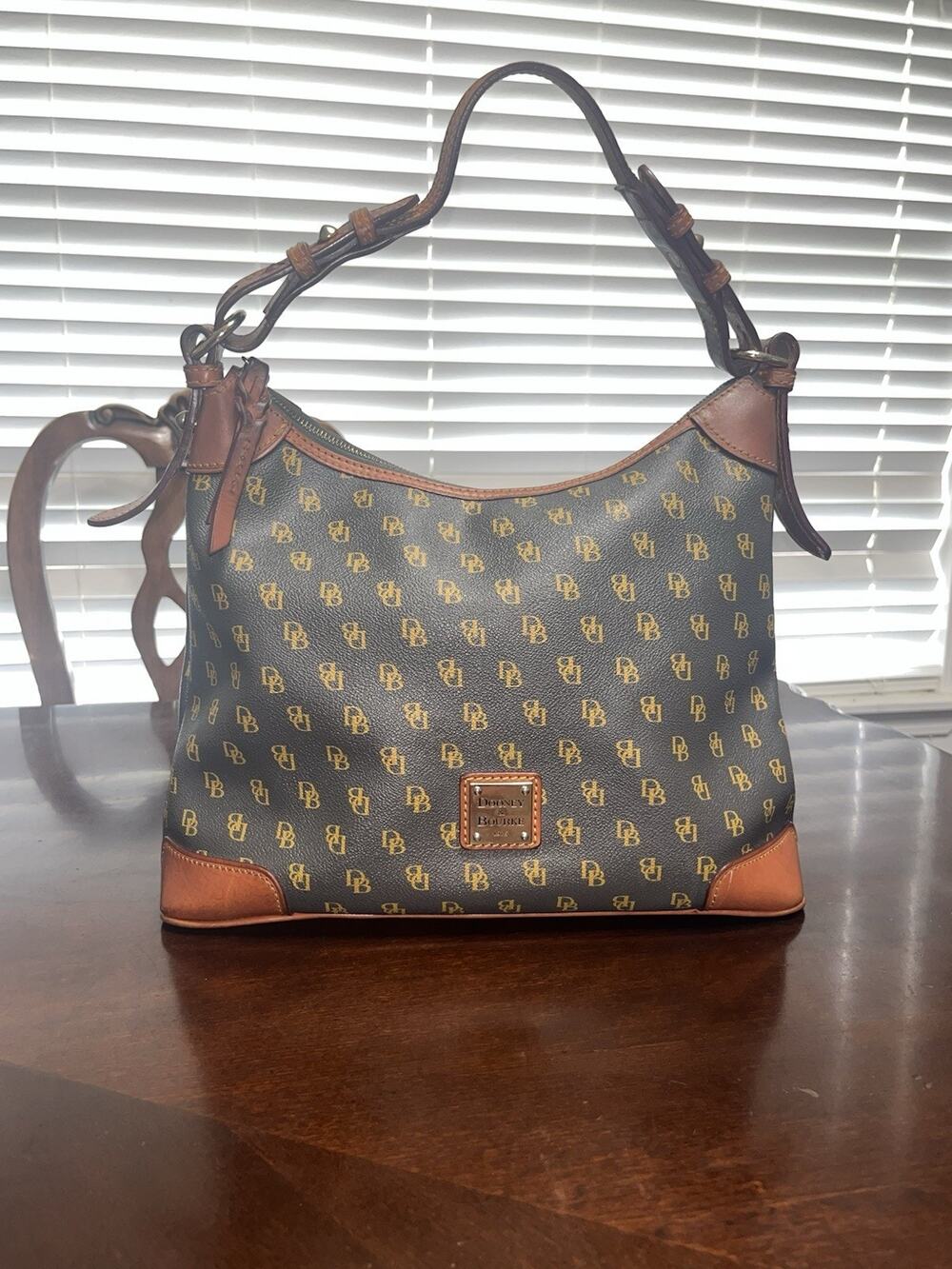 Dooney & Bourke Gretta Hobo Purse Dark Gray Tan Leather Logo Adjustable Strap